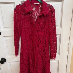 NANETTE LEPORE A line dress red pink lace lined long sleeve no size tag